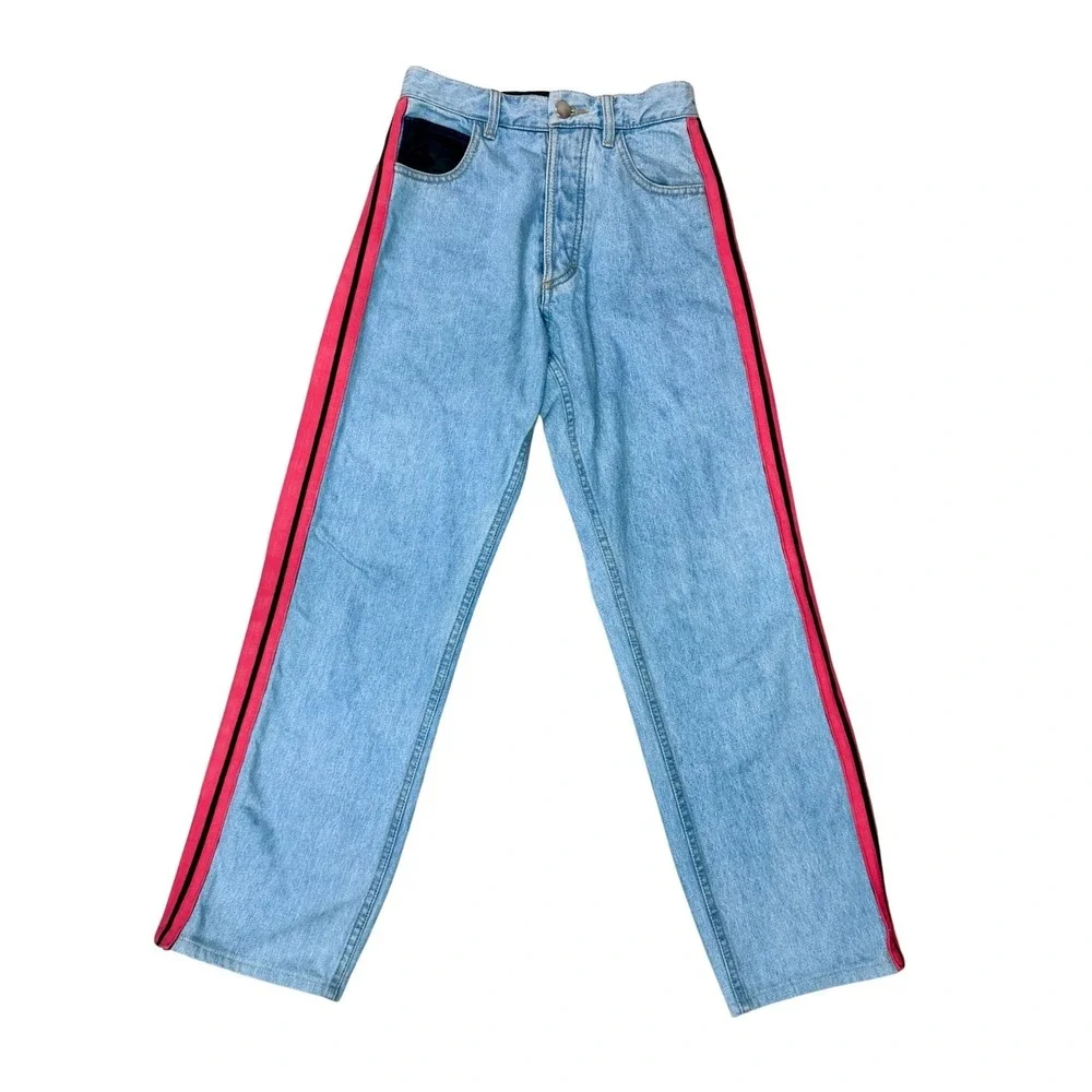 Koche Women Light Wash Designer Paris Jeans Pink Stripe Black Satin $465 MSRP 26
